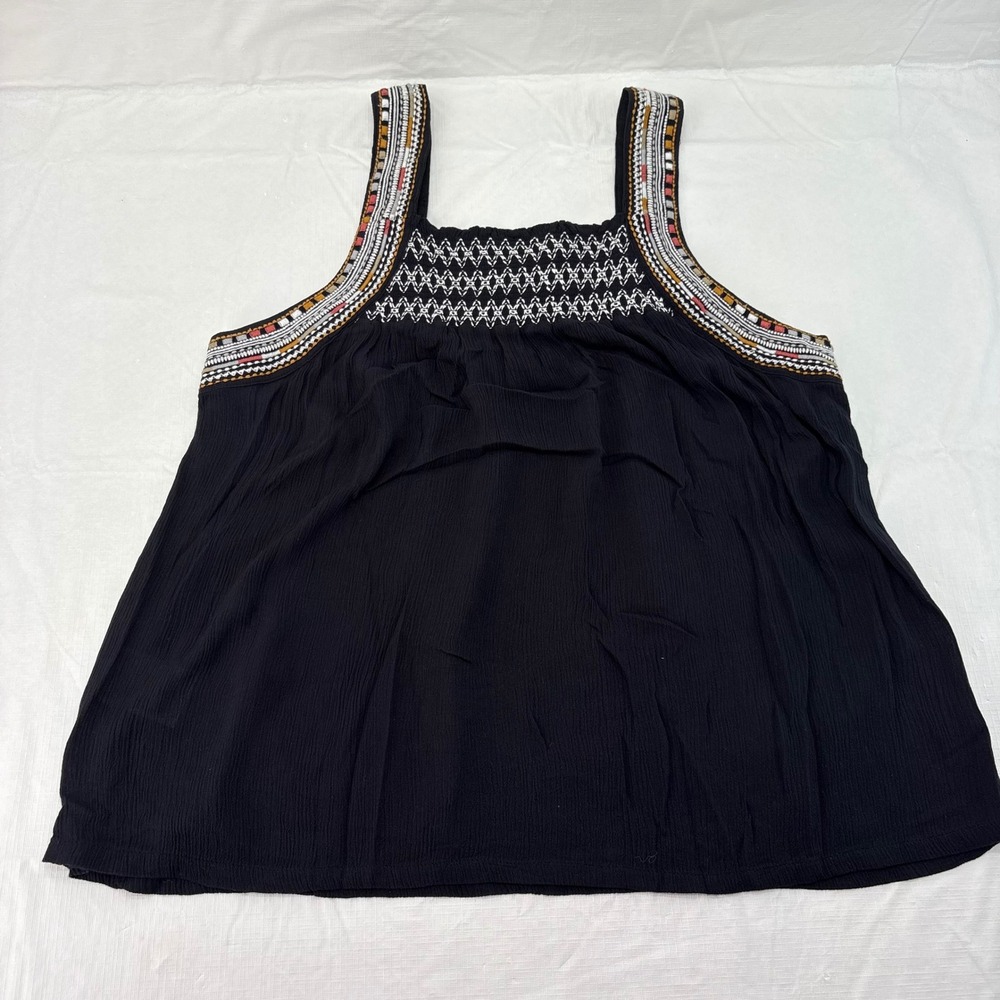 BCBGeneration Black Embroidered Smocked Square Neck Boho Tank Top Womens Medium